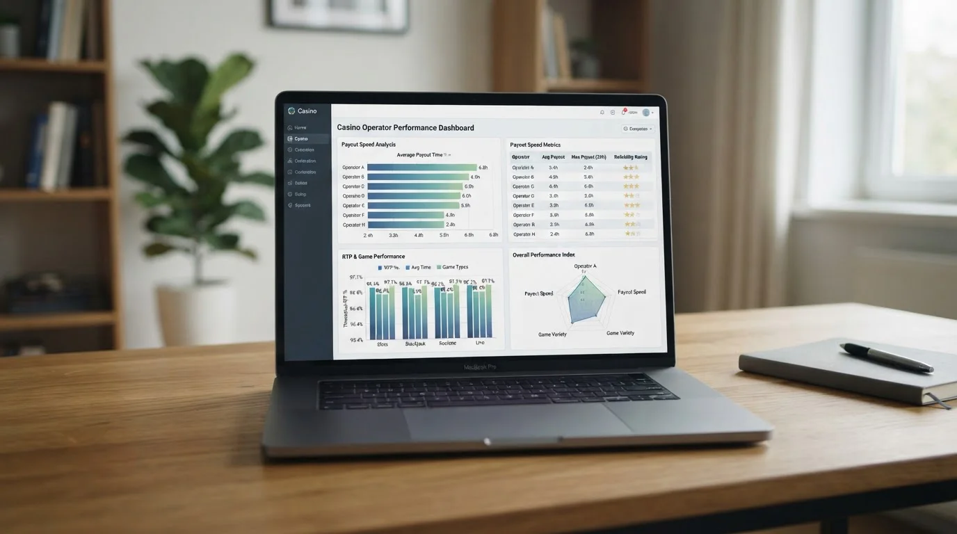 Casino operator comparison dashboard showing payout speed metrics and RTP percentages across multiple platforms