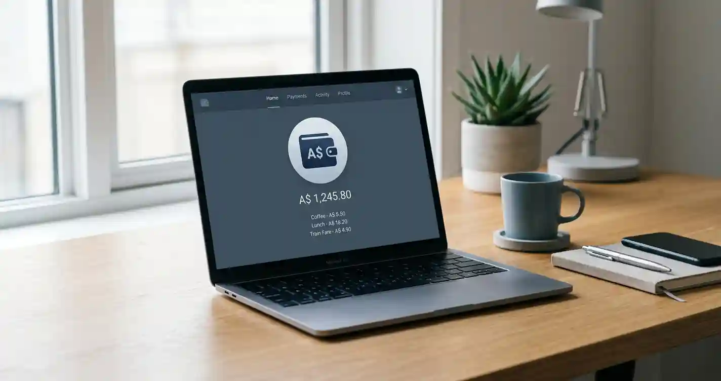 Digital wallet icon with Australian dollar symbol on a clean desk surface with laptop, representing Skrill casino payments in Australia