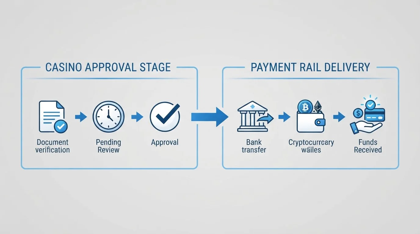 Diagram showing casino approval stage and payment rail delivery as two separate processes