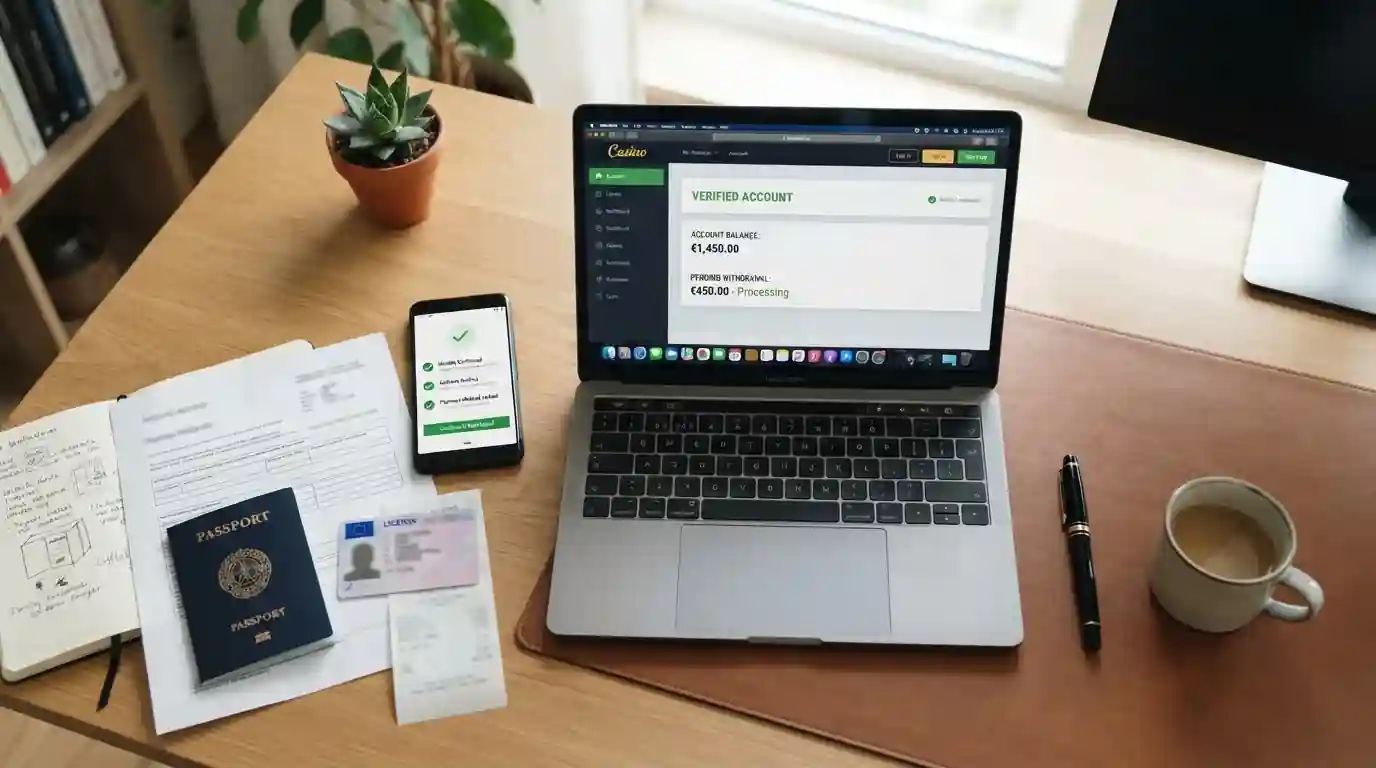Person at desk reviewing casino KYC verification documents