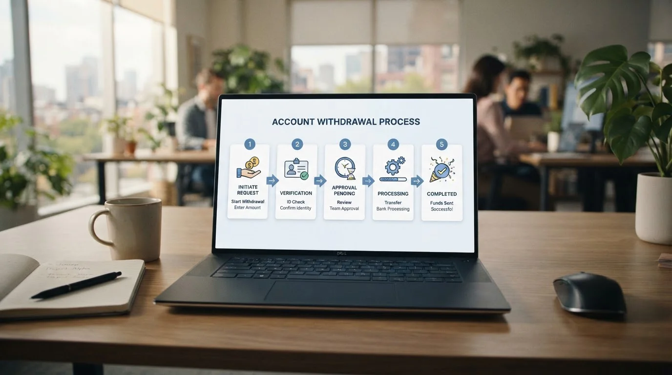 Person following step-by-step withdrawal process on laptop screen