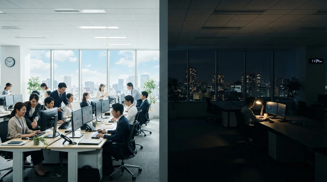 Split-screen showing daytime office versus nighttime processing
