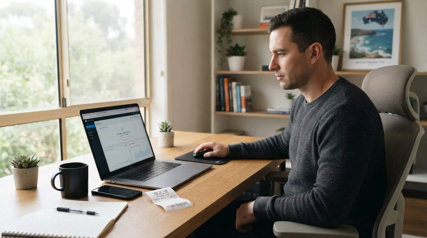 Australian online casino player using CashtoCode voucher payment method at desk with laptop