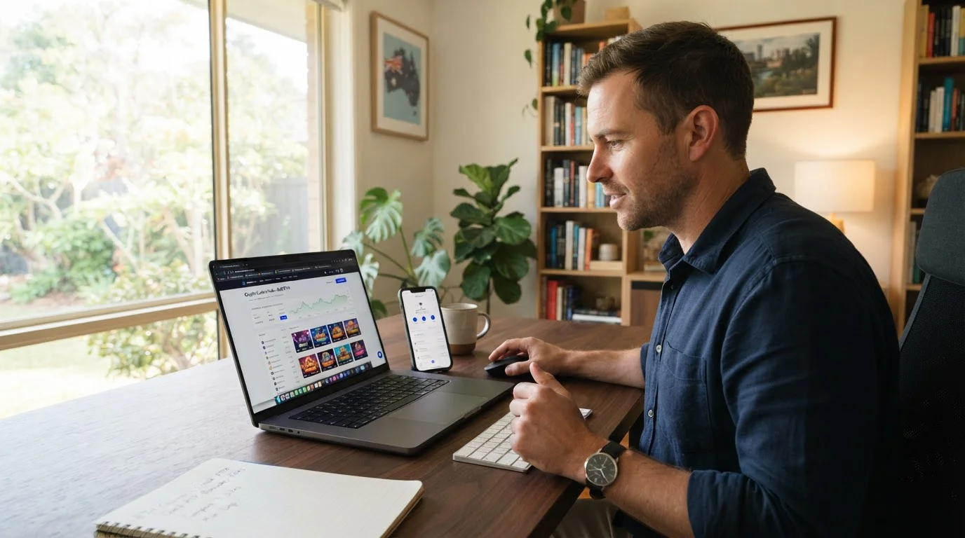 Australian punter reviewing Ethereum casino options on laptop with crypto wallet open