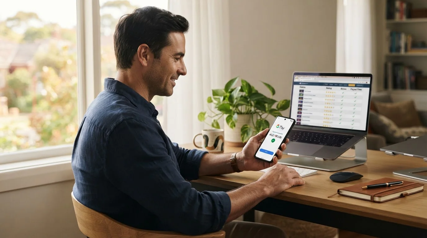 Australian player using Google Pay for offshore casino deposits on smartphone and laptop