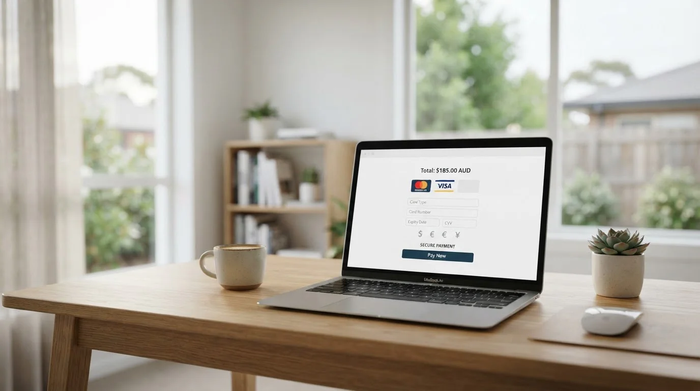 Clean laptop workspace showing online casino payment interface with Mastercard deposit options