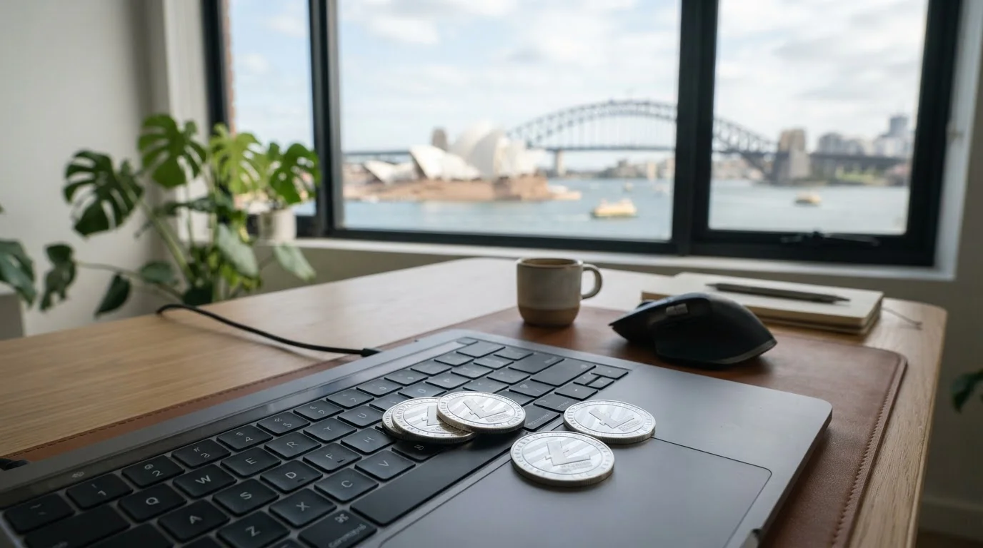 Litecoin coins on laptop with Australian cityscape in background