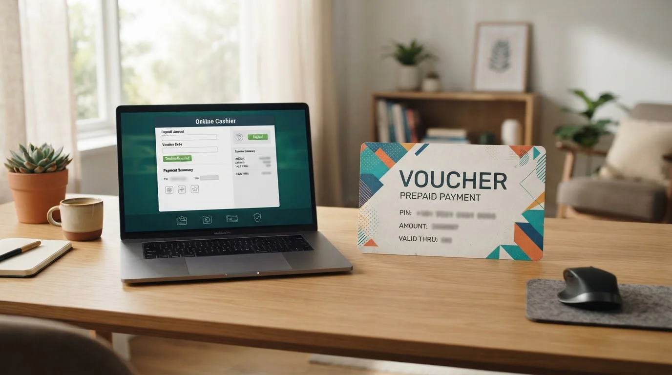 Neosurf prepaid voucher next to laptop showing Australian casino cashier