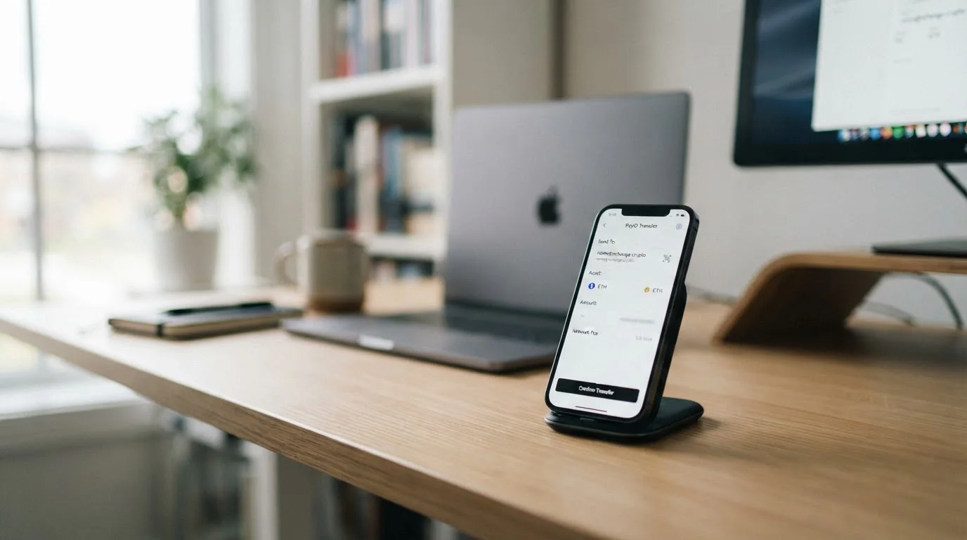 Clean workspace with smartphone displaying CoinSpot app and PayID transfer screen