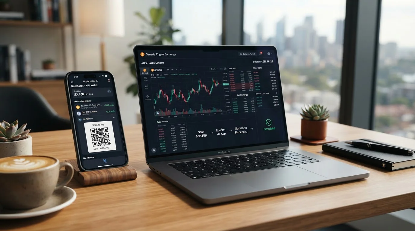 Smartphone and laptop showing cryptocurrency exchange and casino deposit interface