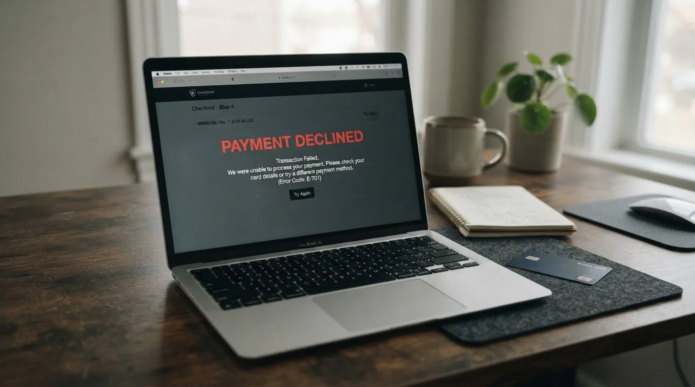 Bank credit card with declined transaction notification on laptop screen