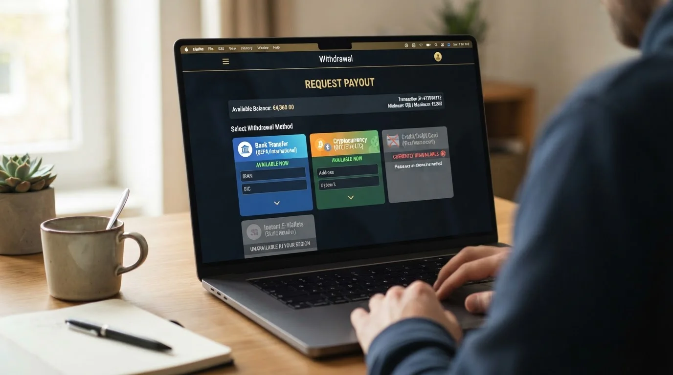 Casino cashier withdrawal page showing bank transfer and crypto options with card greyed out