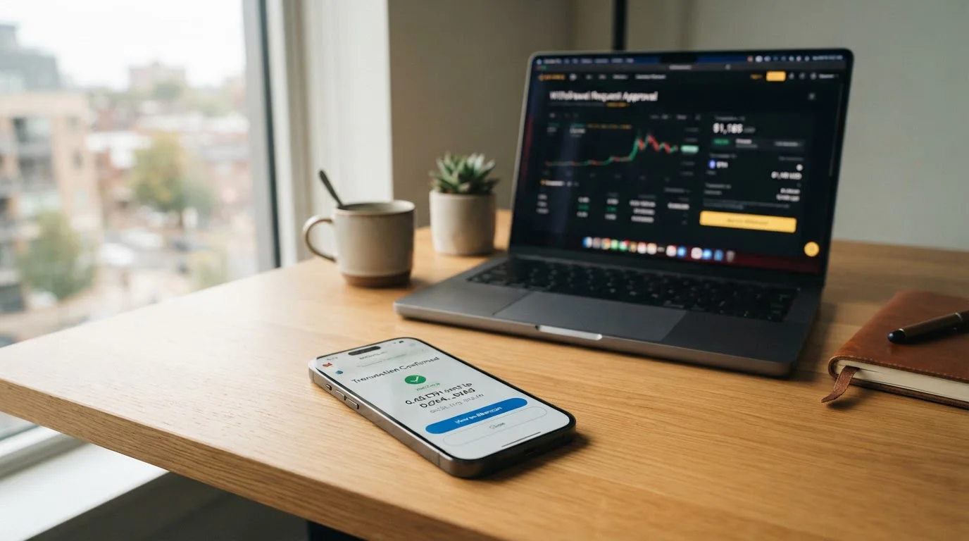 Smartphone showing crypto withdrawal approval with blockchain confirmation notification