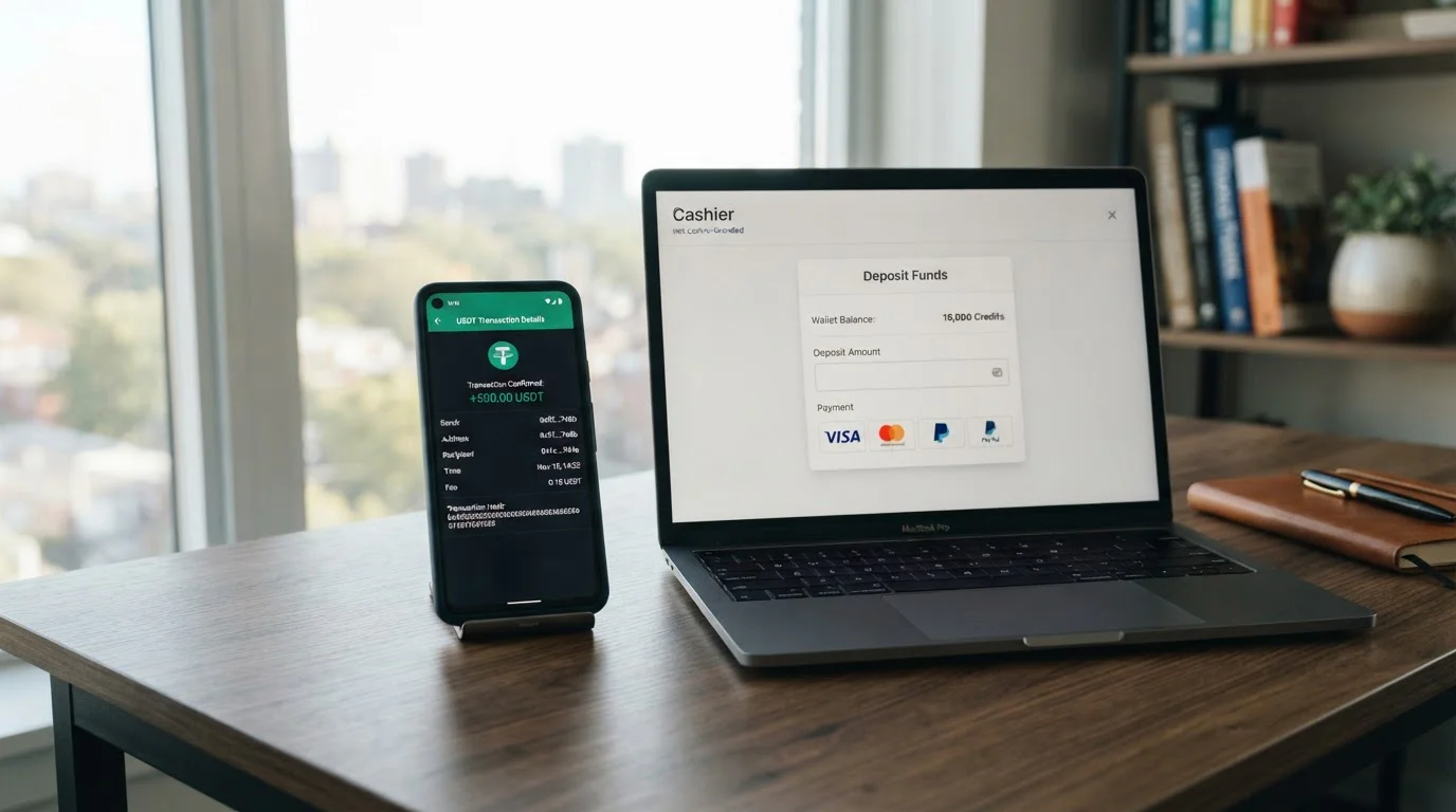 Smartphone showing USDT TRC-20 deposit interface at crypto casino