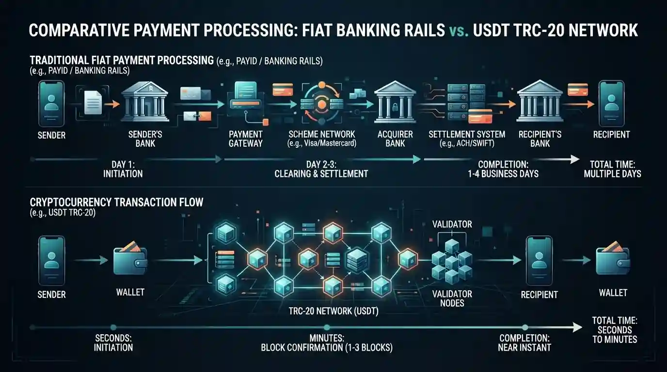 USDT TRC-20 transaction flow showing speed comparison against PayID and Bitcoin for Australian casino withdrawals