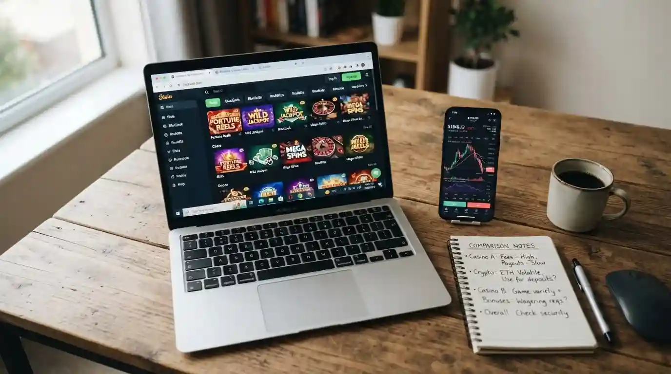 Comparison of Bitcoin pokies sites with laptop showing casino platforms