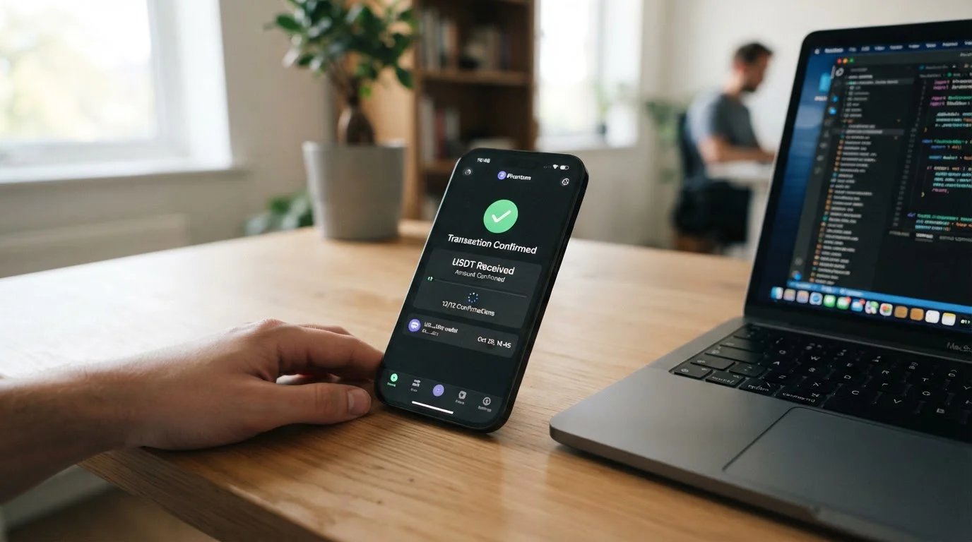 USDT cryptocurrency wallet transaction confirming on blockchain