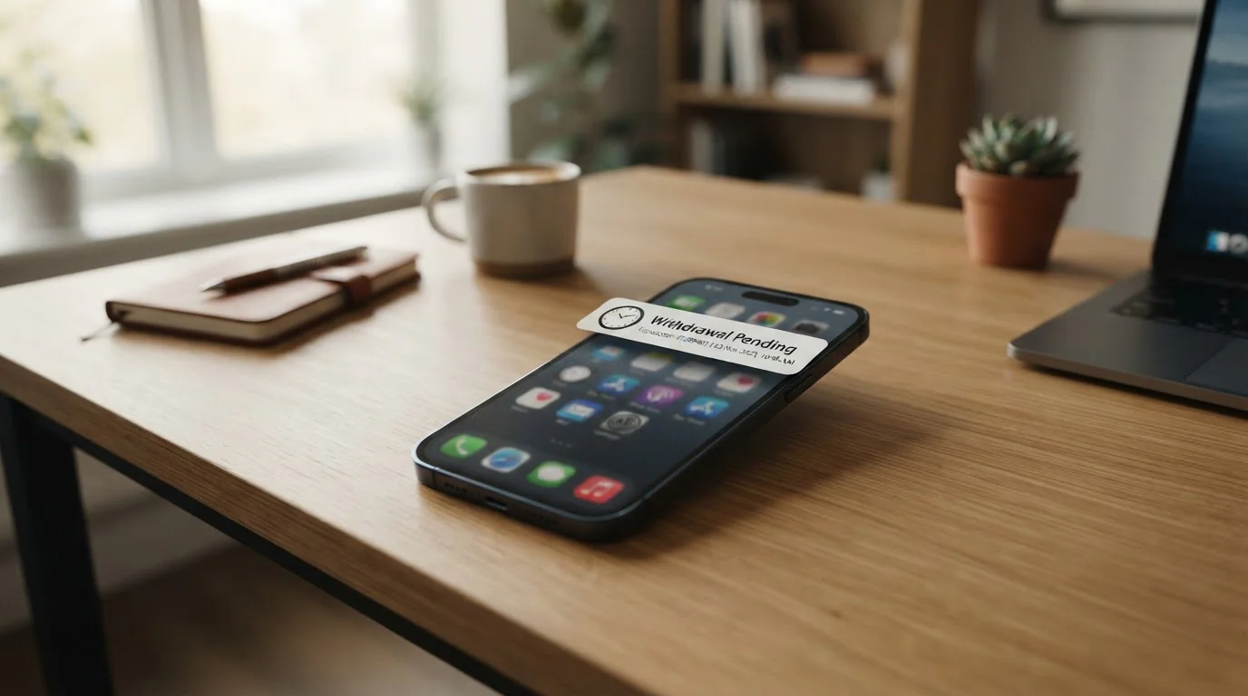 Smartphone showing crypto withdrawal pending notification with clock