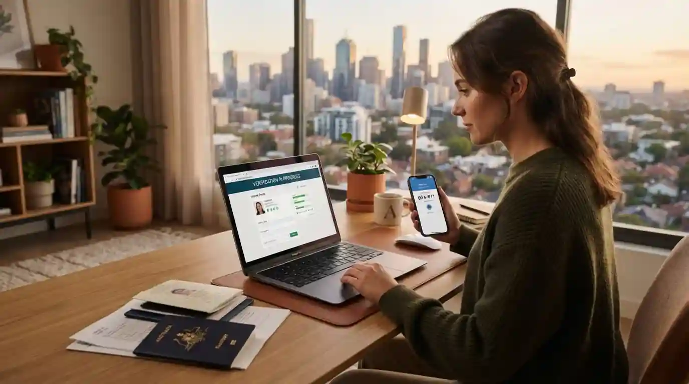 Person reviewing identity verification documents on laptop with passport visible
