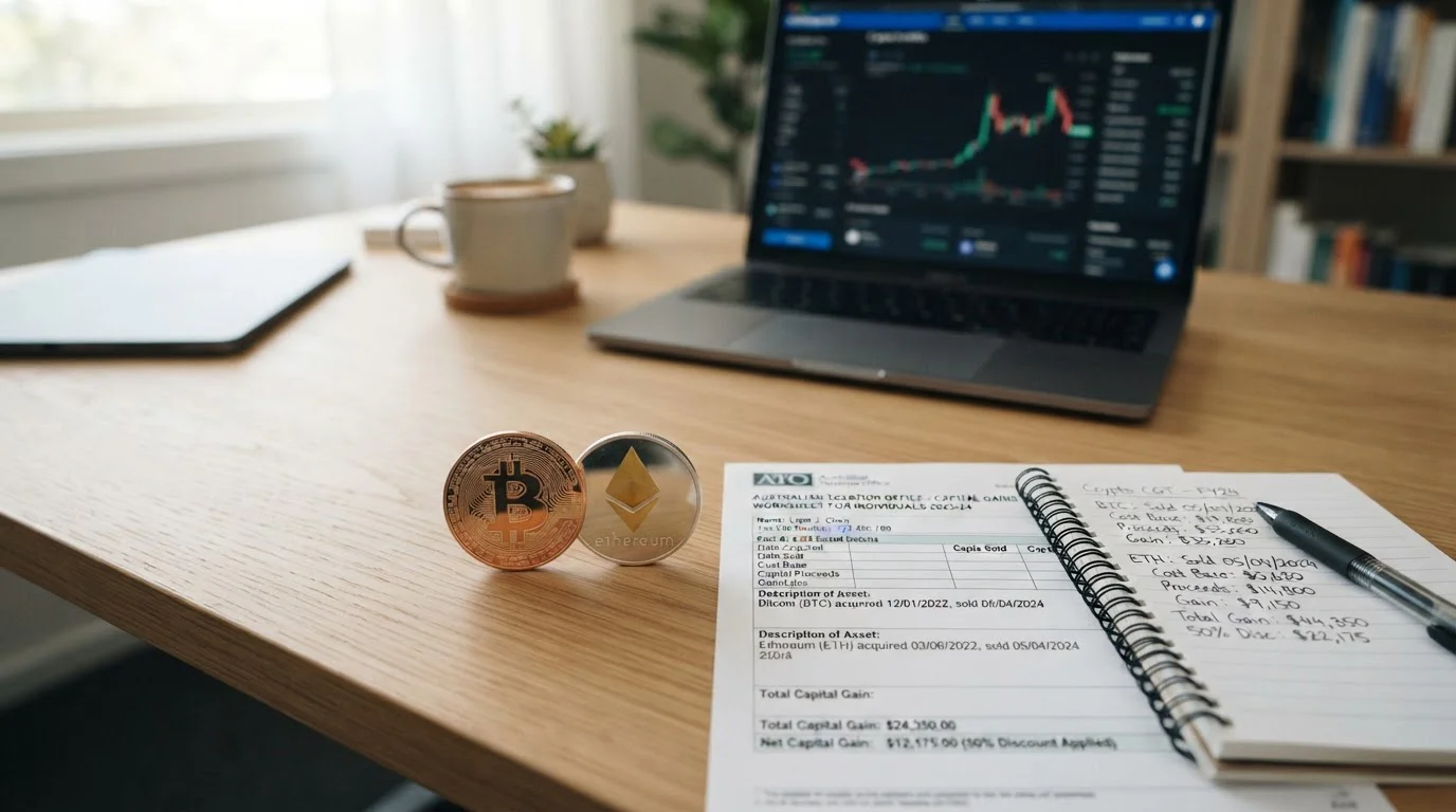 Bitcoin, Ethereum, USDT coins arranged with Australian tax document and CGT calculation notes