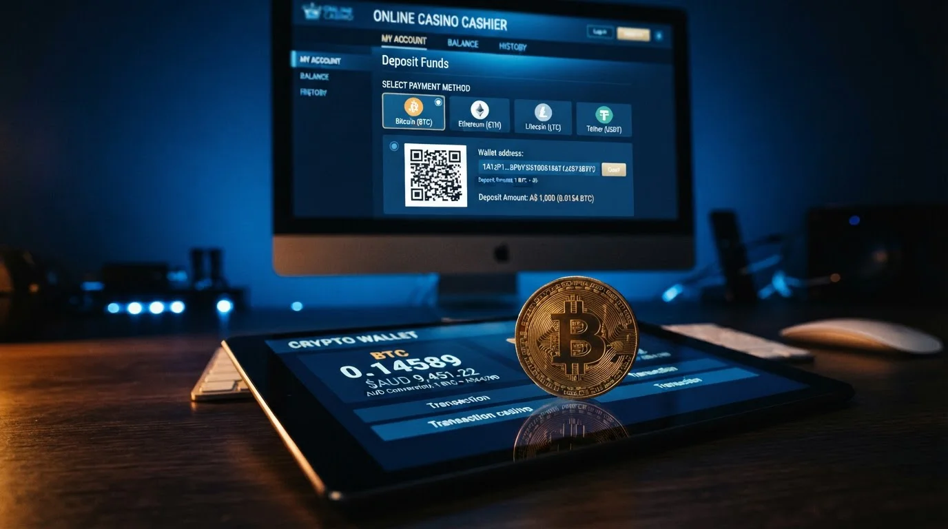 Conceptual photograph showing cryptocurrency casino banking: foreground features a physical Bitcoin coin (gold-coloured with BTC symbol) placed on a tablet screen displaying a crypto wallet interface with Australian dollar conversion rates, background shows a desktop monitor with an online casino cashier page