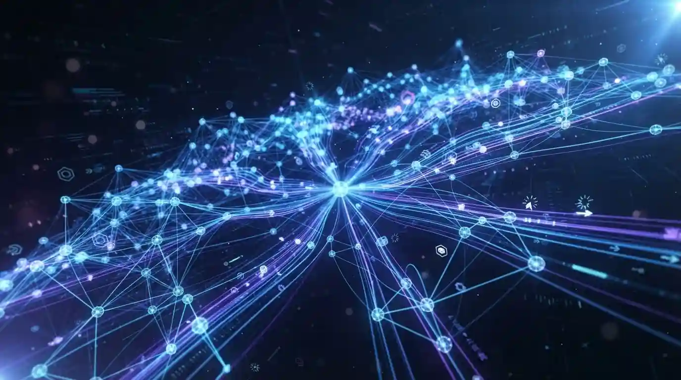 Abstract blockchain network visualization showing decentralized transaction pathways