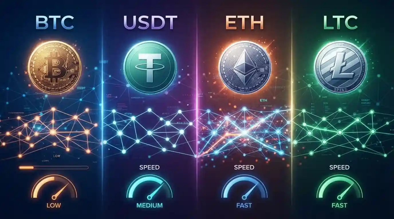 Cryptocurrency comparison showing Bitcoin, USDT, Ethereum, and Litecoin symbols