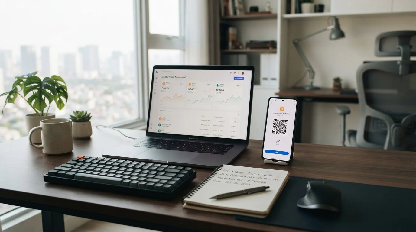 Laptop screen showing cryptocurrency wallet interface with Bitcoin and USDT balances