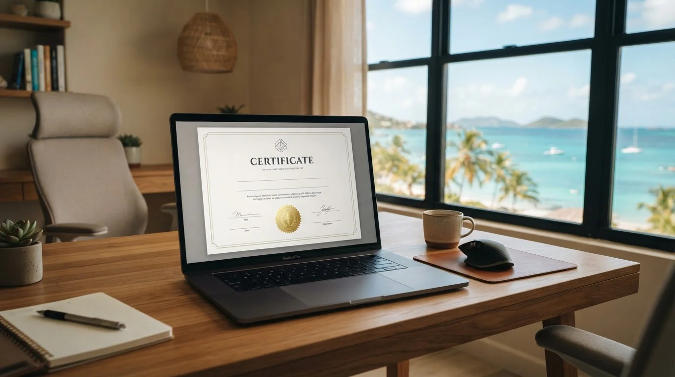Digital certificate document on laptop screen with Caribbean coastal view through window