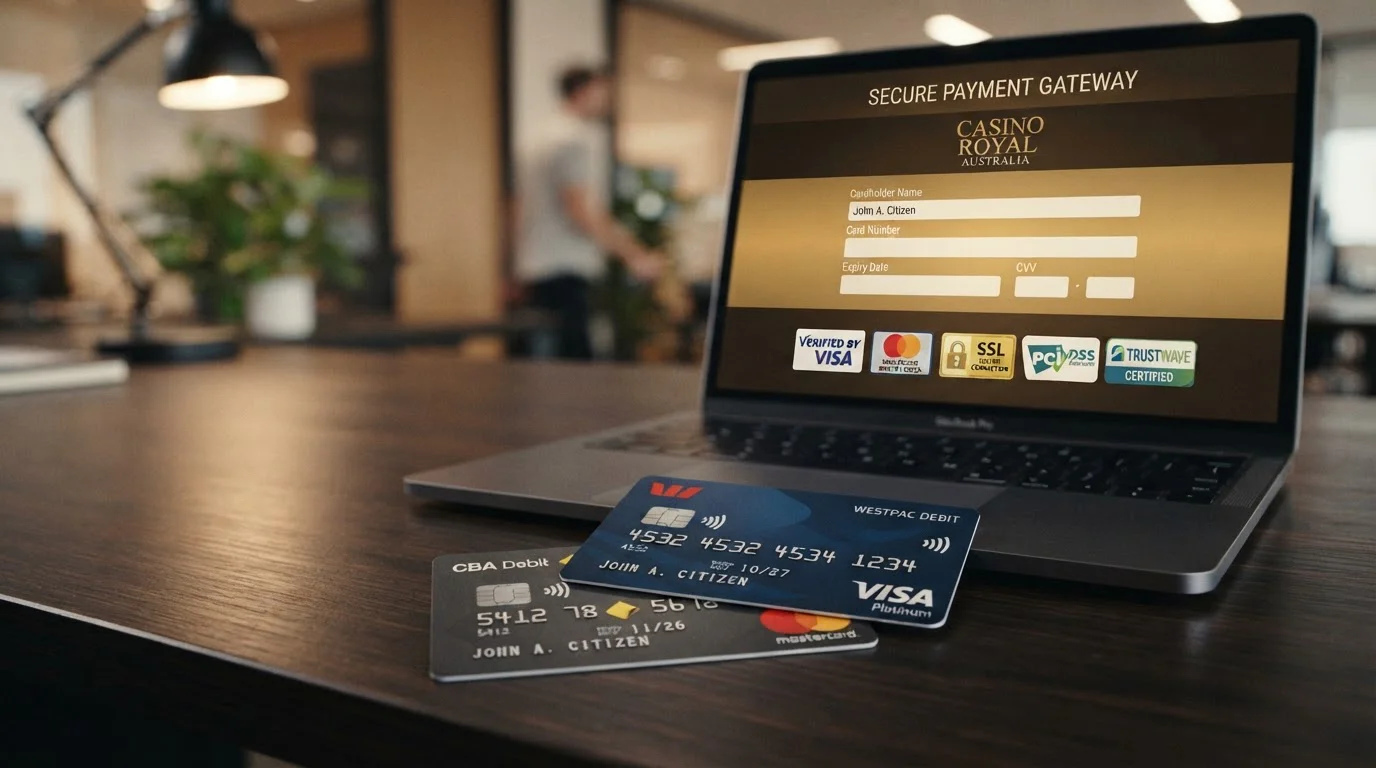 Professional photograph of two debit cards (Visa and Mastercard) positioned overlapping on a dark surface with an Australian bank logo visible, laptop screen showing an online casino payment page with card input fields and security badges in background
