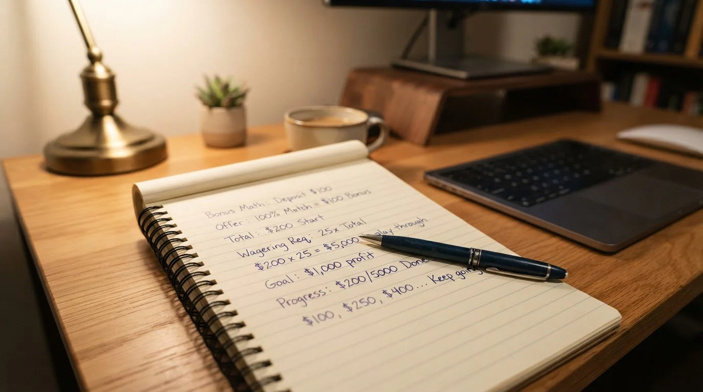 Desk with notepad showing deposit amount calculations and wagering requirements