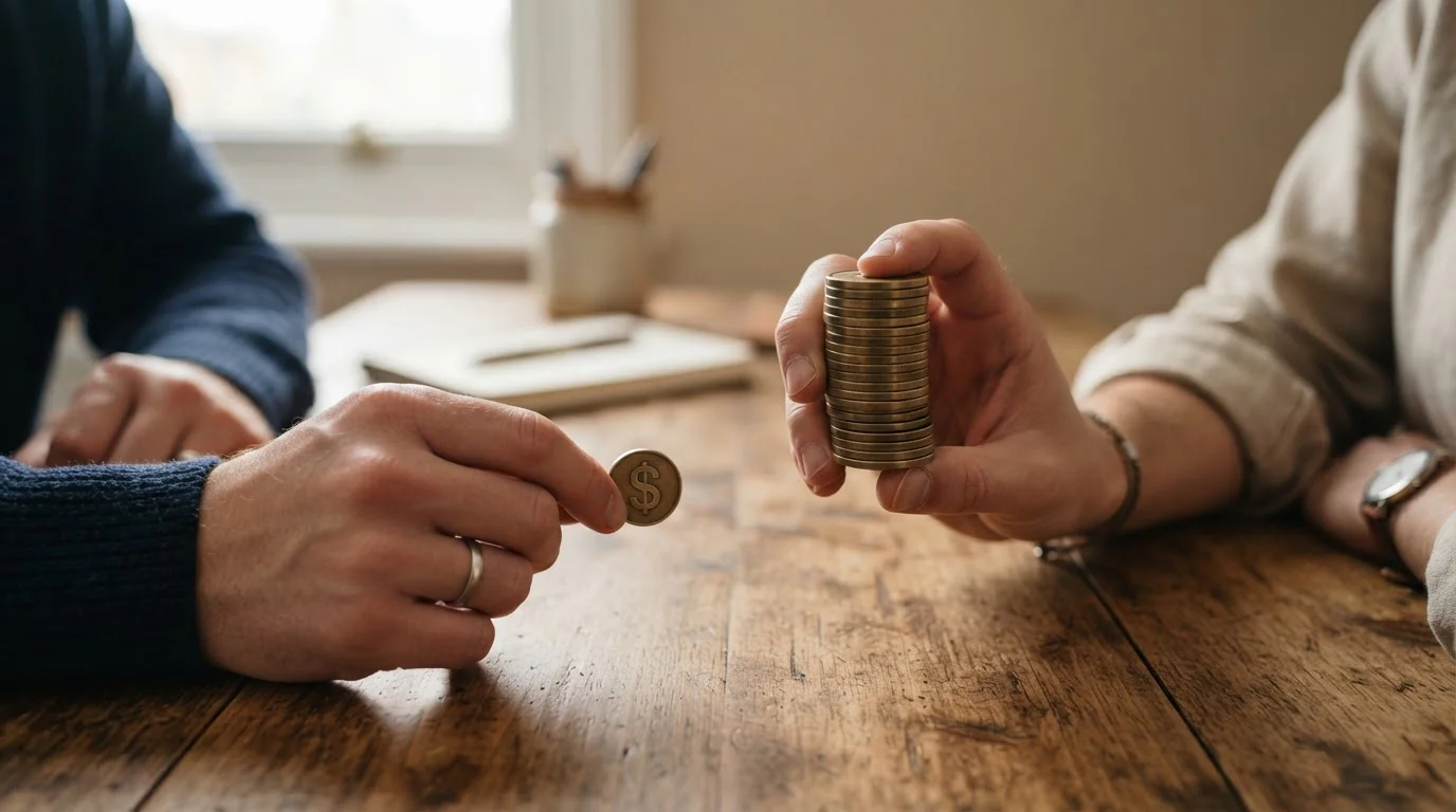 Hands comparing single coin against stack of coins showing withdrawal gap