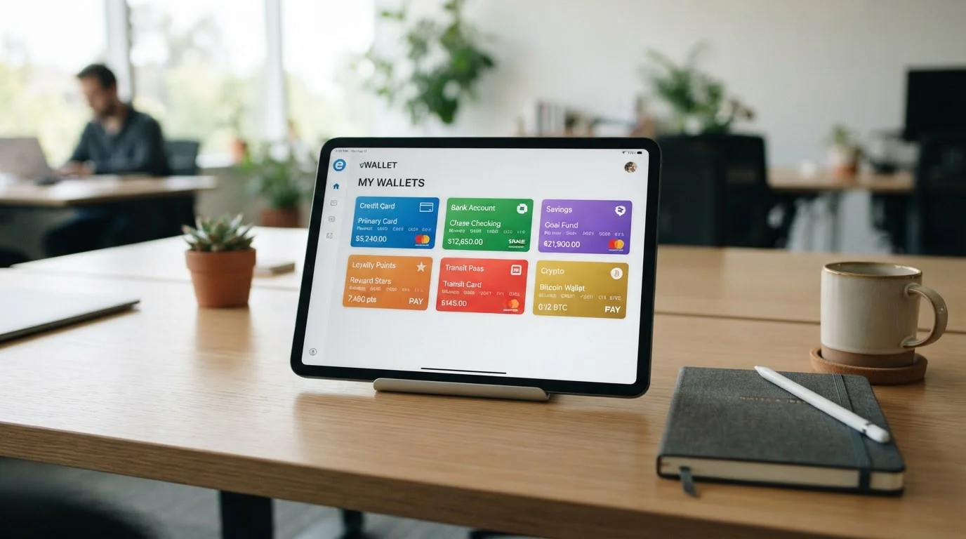 Digital wallet interface showing Neteller, Skrill and ecoPayz logos on tablet