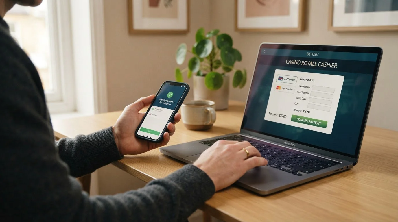 Person's hands holding smartphone and entering e-wallet deposit details on laptop casino cashier screen