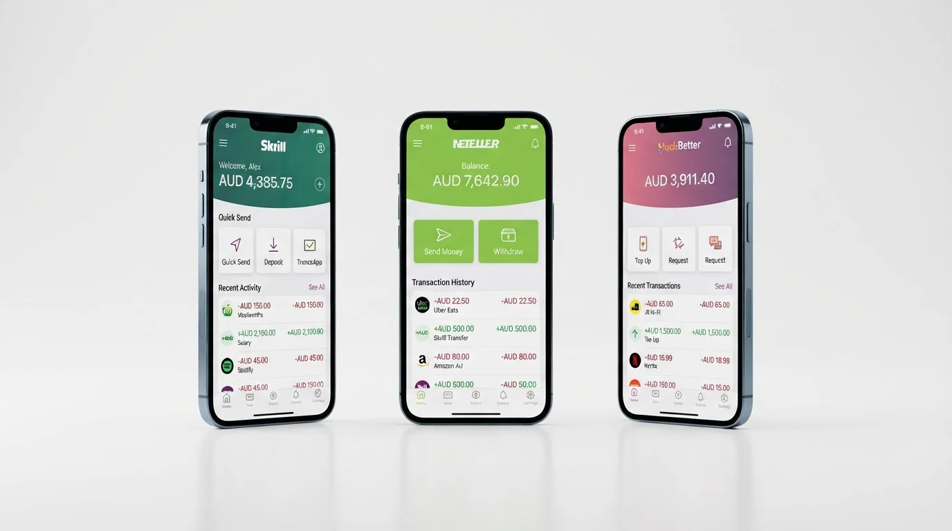 Professional product photography showing three smartphones arranged in a fan layout, each displaying a different e-wallet app interface: Skrill with green branding, Neteller with lime green accents, MuchBetter with pink-purple gradient, all screens showing Australian dollar balances
