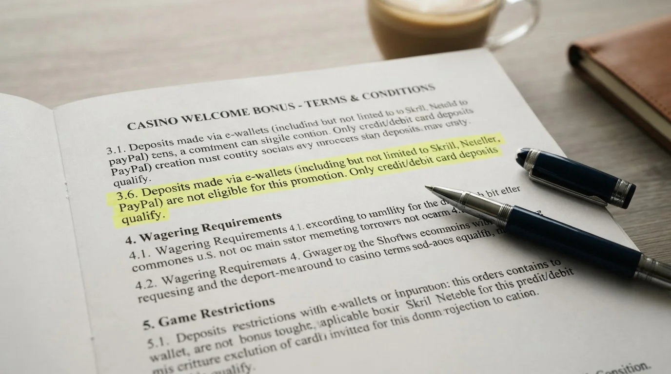 Casino bonus terms document with highlighted e-wallet exclusion clause