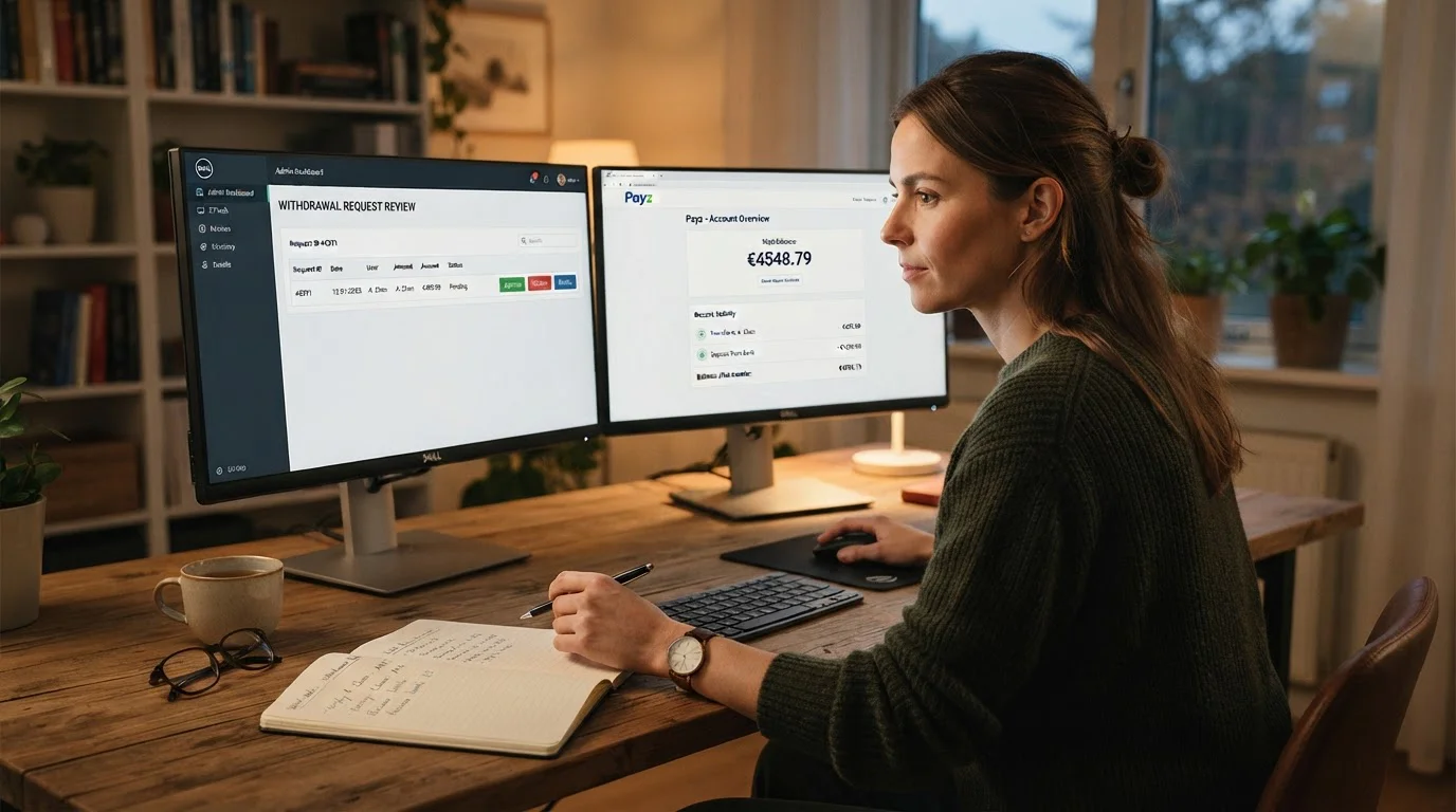 Person at desk reviewing casino withdrawal request and Payz account on two screens