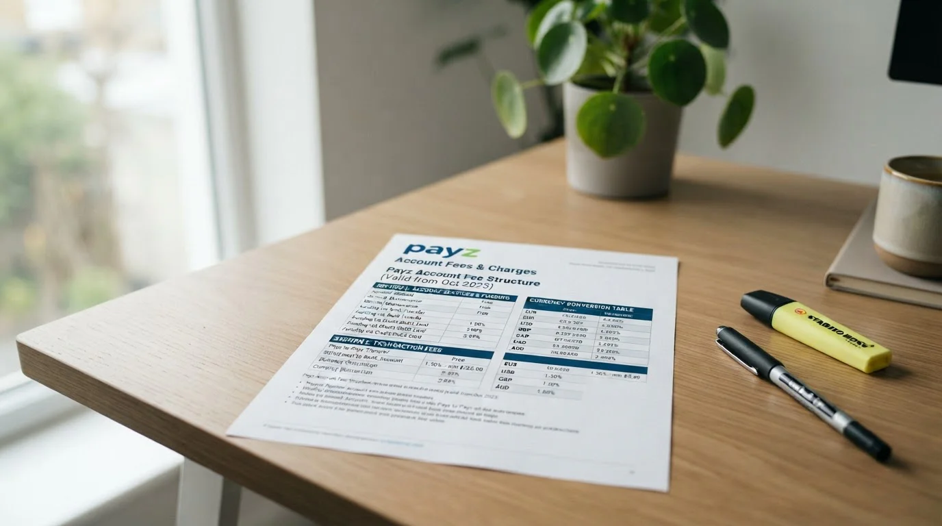 Document showing Payz account fee structure and currency conversion rates