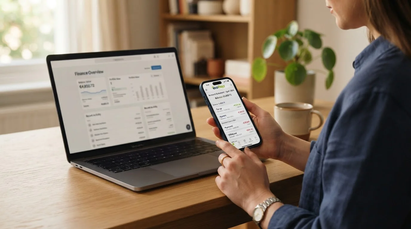 Person reviewing ecoPayz account statement on smartphone next to laptop