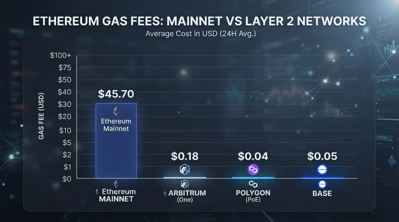 Ethereum gas fee chart comparing mainnet costs vs Layer 2 networks Arbitrum Polygon Base