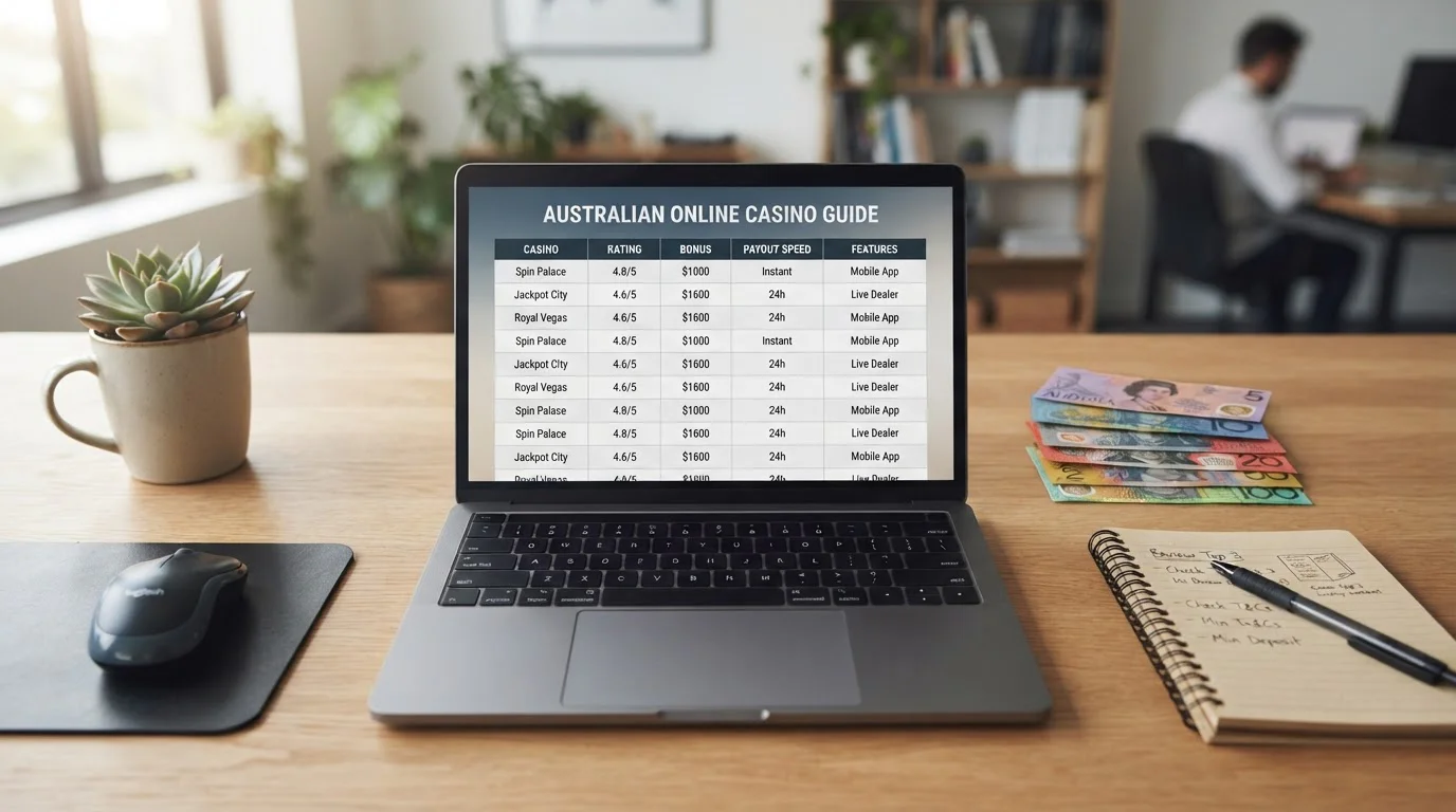 Desk with laptop open to casino comparison table and Australian dollars arranged neatly