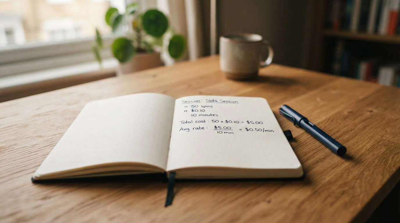 Notepad with handwritten calculations showing fifty spins from five dollar bankroll