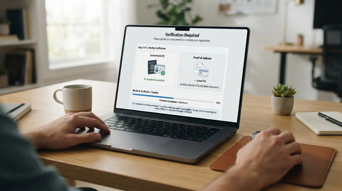 Document upload interface showing front-loaded KYC verification process at casino signup with one to six hour completion time