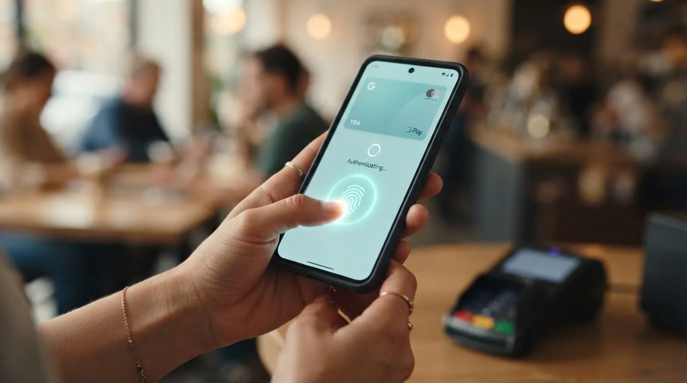 Close-up of hands holding Android smartphone with Google Pay authentication screen