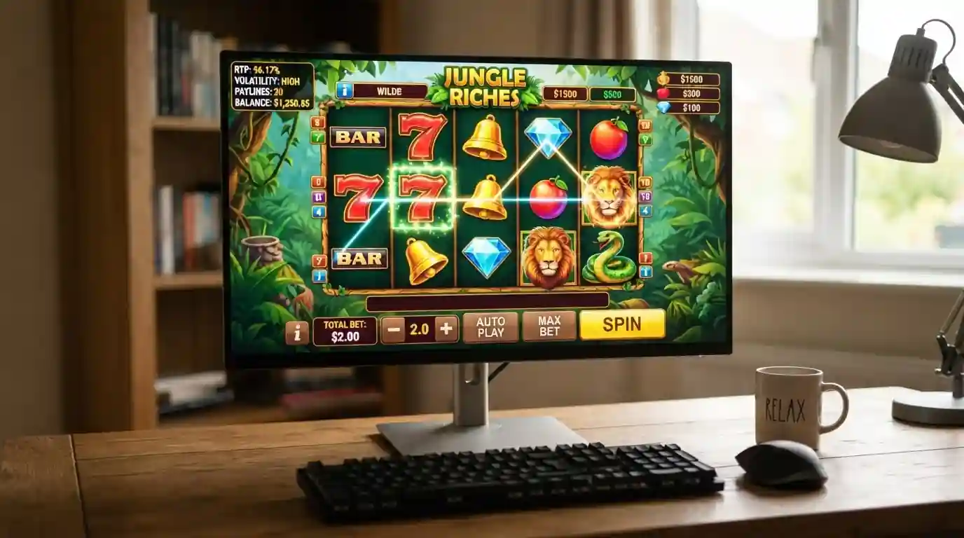 Pokie game screen showing RTP percentage and volatility rating
