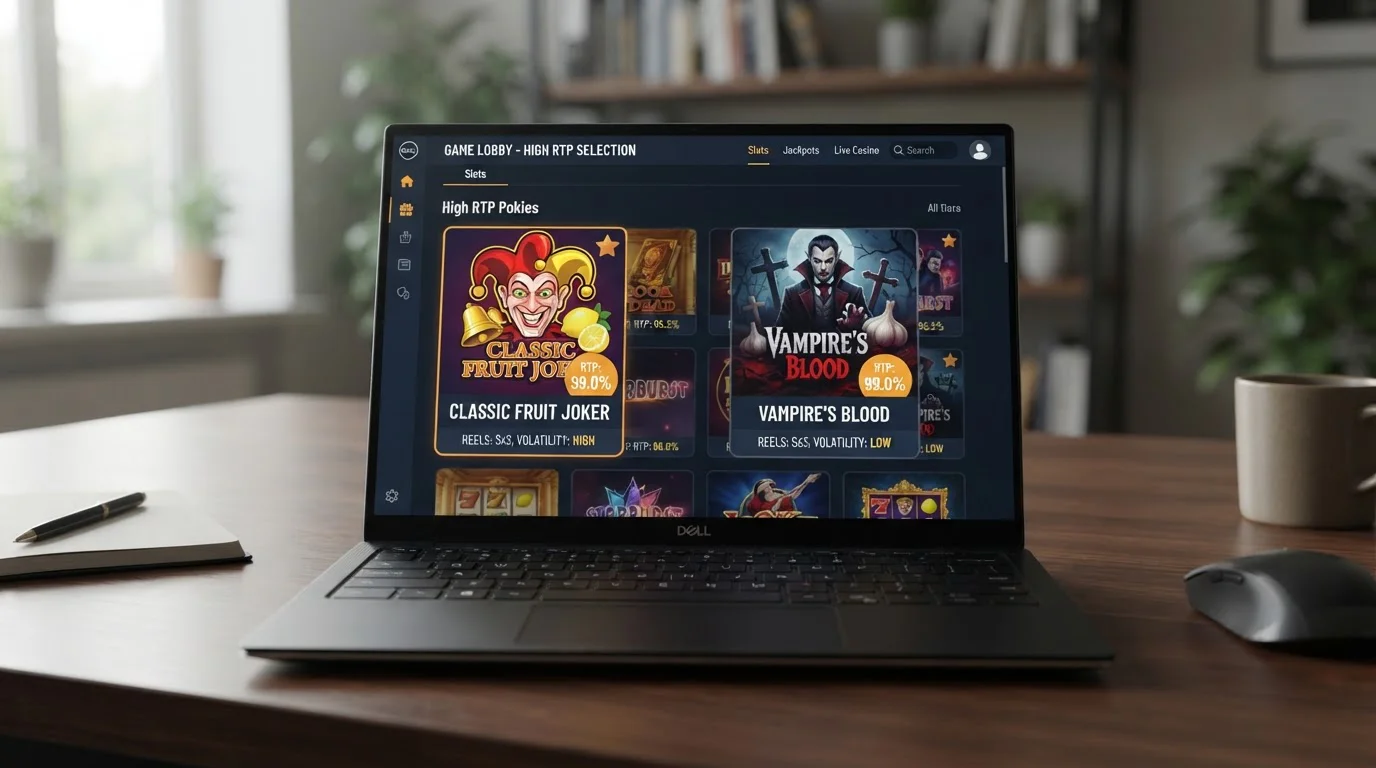 High RTP pokies selection showing Mega Joker and Blood Suckers game screens with return percentages