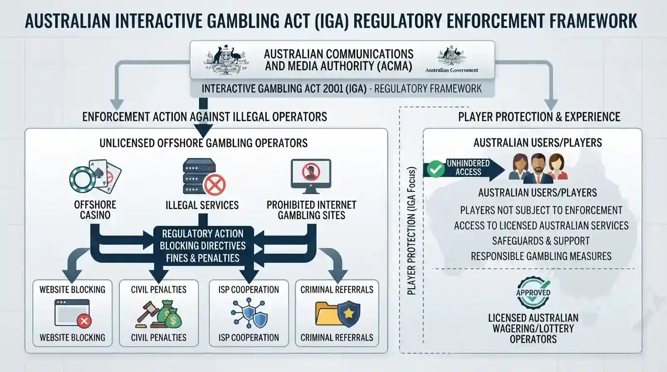 Interactive Gambling Act 2001 enforcement diagram showing ACMA targeting operators not players