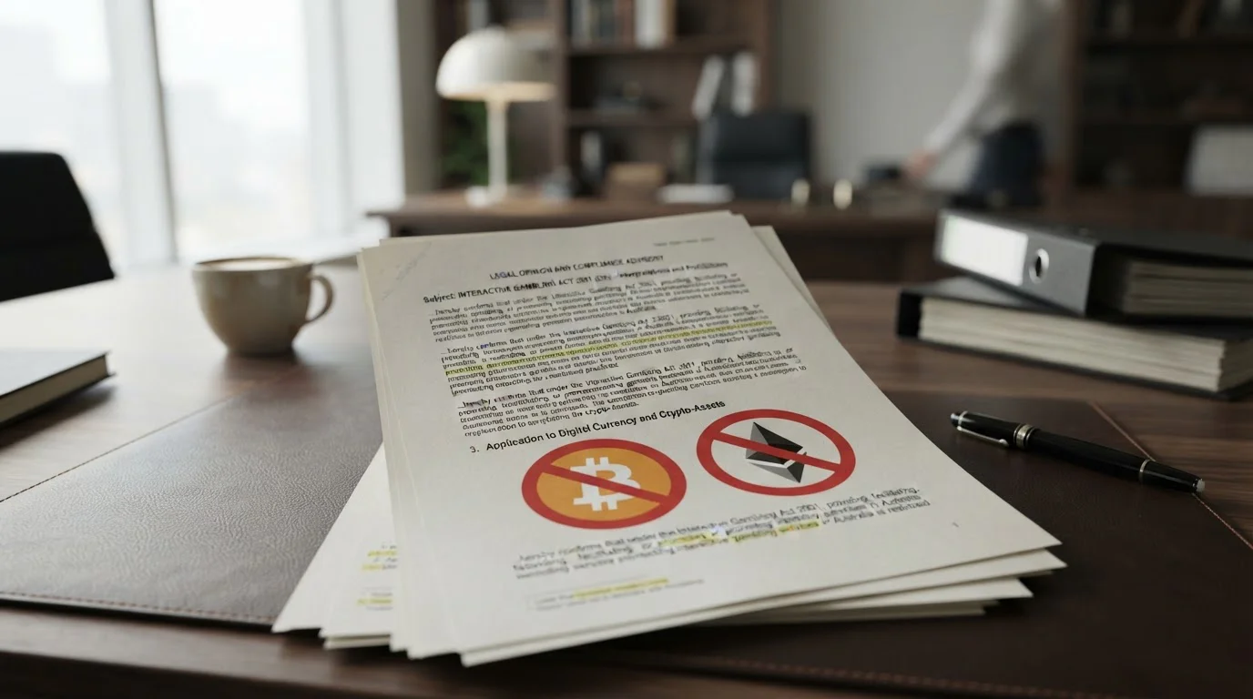 Australian legal document with IGA 2001 text and crossed-out cryptocurrency symbols