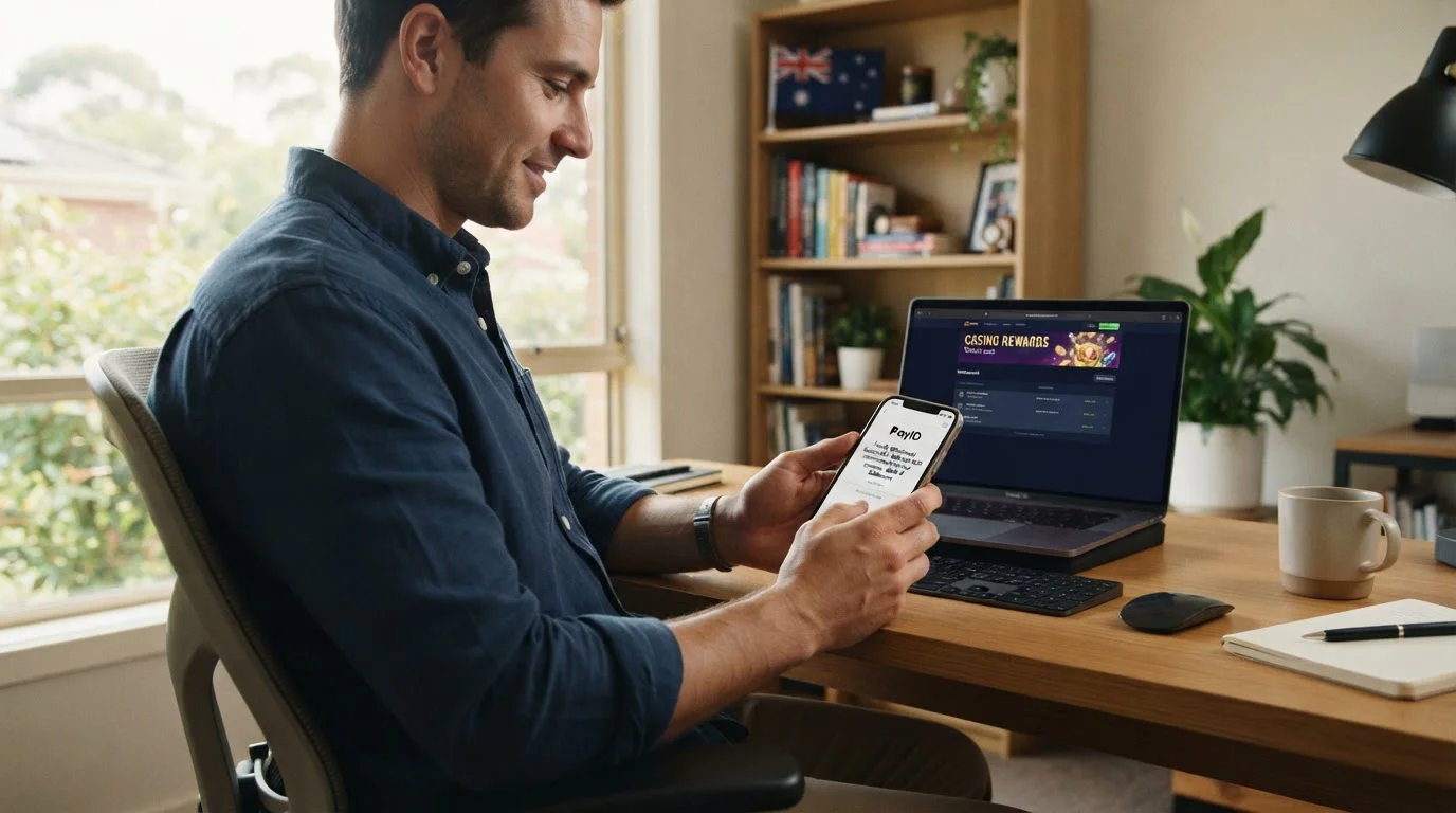 Australian casino player checking PayID withdrawal on smartphone with laptop showing online casino