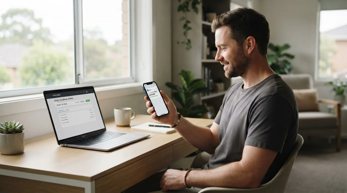 Australian player checking PayID withdrawal on smartphone with banking app notification